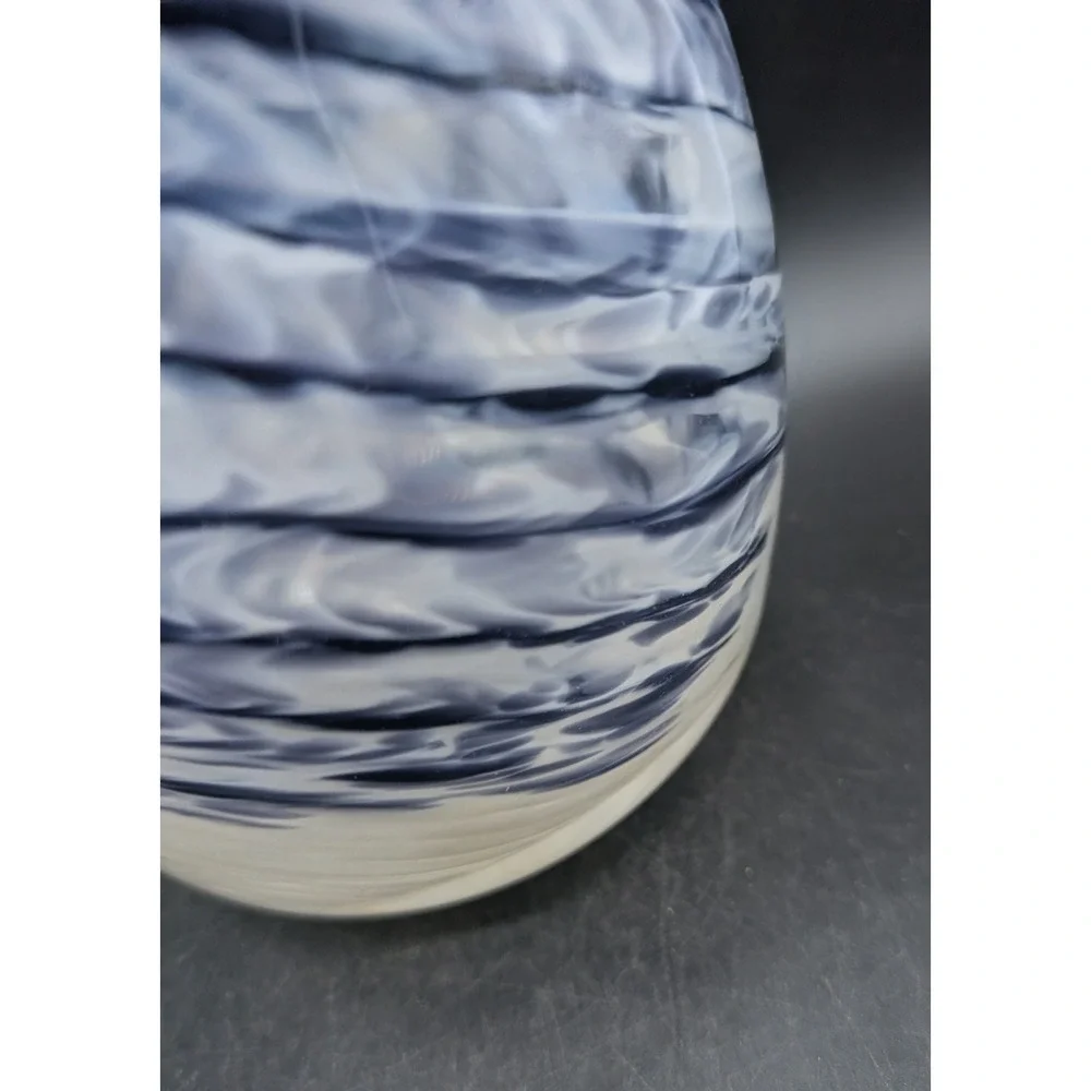 Hand Blown Art Glass Vase Navy Blue White Swirl Marbled Coastal Contemporary